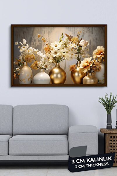 Evinemoda Gold Vazoda Çiçekler Tek Parça Kahverengi Çerçeveli Kanvas - Canvas Tablo