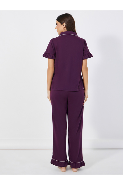 Styli Ruffle Sleeve Contrast Piping Shirt and Pyjama Set