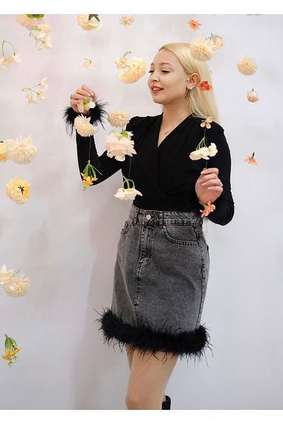 AYDINDOKUMA Malibu Feather Denim Skirt Faux Feather Jeans