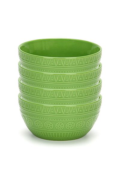 Fissman Ceramic Bowl 800mL Pack of 4 , Motif Series Ceramic Bowl, Round Moroccan Pattern Bowl Green