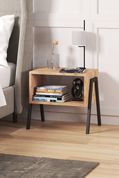 TOLIAHOME 2 Katlı Metal İskeletli Atlantik Çam Renk Yan Sehpa Komodin