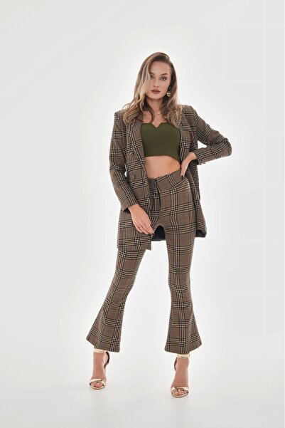 Genel Markalar Omuzları Vatkalı Önü Çıtçıtlı Ekose Blazer Ceket - Vizon