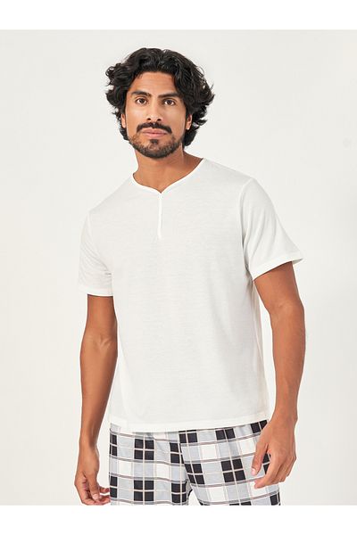 Styli Solid Henley Neck T-Shirt & Checkered Pyjama Set