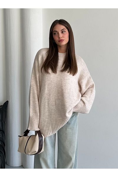 Laluvia Ecrufarbener, einfarbiger, dicker Basic-Pullover – 4700
