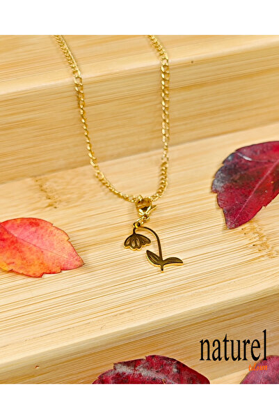 Naturel Tılsım Lale Figürlü Altın Sarısı Çelik Kolye