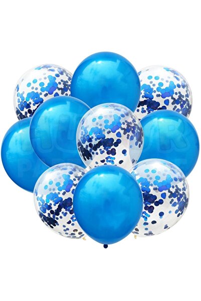 Ezgi Party Store 20 Pieces 30 cm Blue Confetili Transparent Metallic Balloon Set - Sequin Scale Party