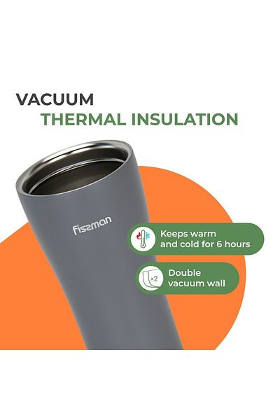 Fissman Vacuum Insulated Bottle 420mL, Double Wall Stainless Steel Vacuum Travel Bottle Grey