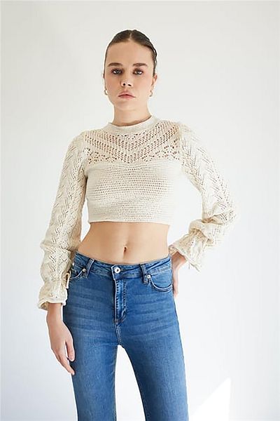 Giyim Dünyası Ecru Women's Knitwear Blouse - Tied Sleeves