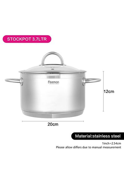 Fissman Stockpot 20x12cm / 3.7L with Glass Lid, Stainless Steel Stockpot Benjamin Series