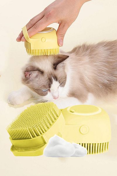 GOBYPET Cat and Dog Pet Washing Brush with Shampoo Chamber Silicone Yellow