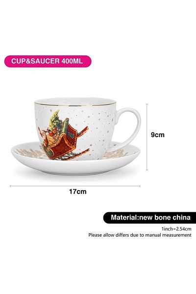 Fissman Christmas-Themed Tea Cup and Saucer Set of 2 400mL, Ceramic New Bone China Teacup and Saucer