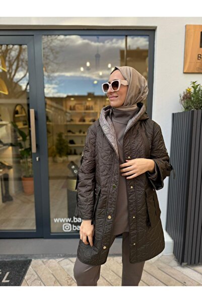 VENO Catania Khaki Green Women's Coat - Quilted Detail