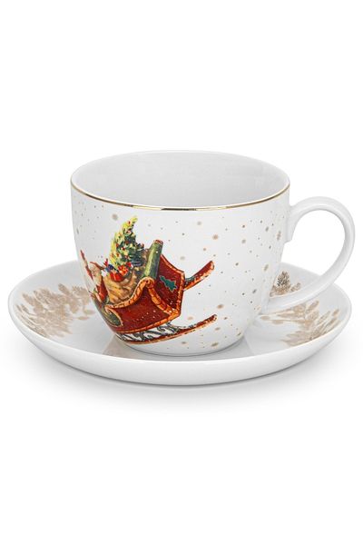 Fissman Christmas-Themed Tea Cup and Saucer Set of 2 400mL, Ceramic New Bone China Teacup and Saucer