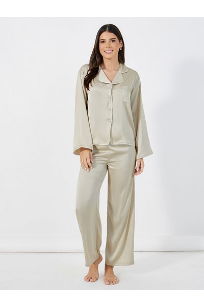 Styli Solid Piped Button Through Shirt & Pyjama Set