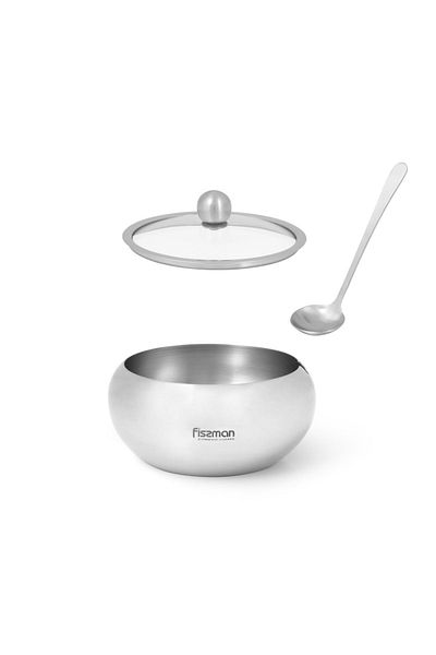 Fissman Sugar Bowl with Glass Lid and Spoon Stainless Steel Silver 560ml