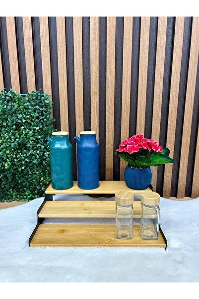 Luca Mia 3 Katlı Siyah Çerçeveli Bambu Merdiven Baharatlık Standı (24X11X8.5 CM)