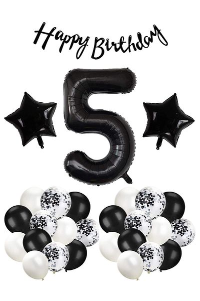 Ezgi Party Store Μαύρο Concept Celebration Σετ για γενέθλια 5 ετών - Λευκό μαύρο μπαλόνι με καραμέλα, φύλλο αστεριών αριθμών και μπάν