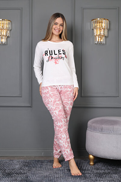 VG BOND MODA Rules Print Detailed Floral Print Long Sleeve Single Jersey Women's Pajamas Set Vg098