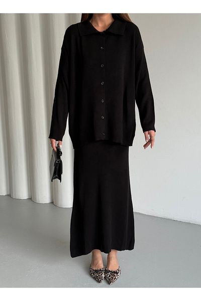 Laluvia Set de tricotaje cu fustă cu gât polo negru - 4661