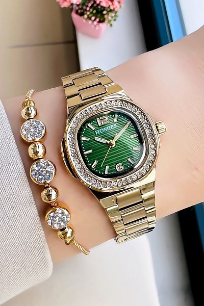 Homies Original Rhinestone Women's Wristwatch 3 Atm Waterproof Gold Green Color Steel Band Bracelet Hmby2030C3