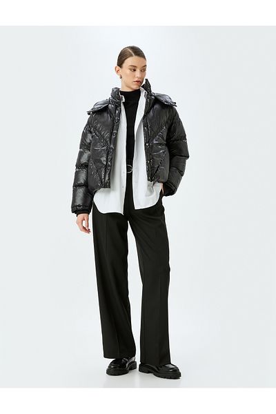 Koton Shiny Quilted Hooded Crop Puffer Coat with Snap Button Closure Pockets