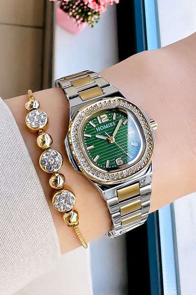 Homies Women's Waterproof Rhinestone Wrist Watch - Gold Silver Green, Steel Band Bracelet Hmby2030C2