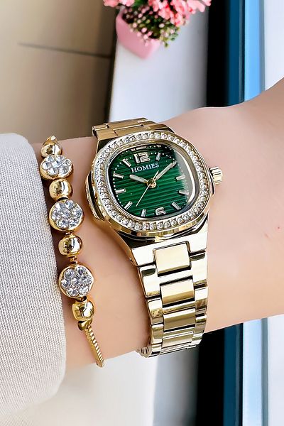 Homies Original Rhinestone Women's Wristwatch 3 Atm Waterproof Gold Green Color Steel Band Bracelet Hmby2030C3