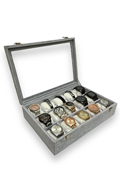 Polo Cross 15 Bölmeli Camlı Kapaklı SÜet Kaplama Saat Kutusu