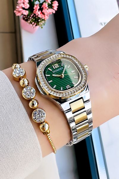 Homies Women's Waterproof Rhinestone Wrist Watch - Gold Silver Green, Steel Band Bracelet Hmby2030C2