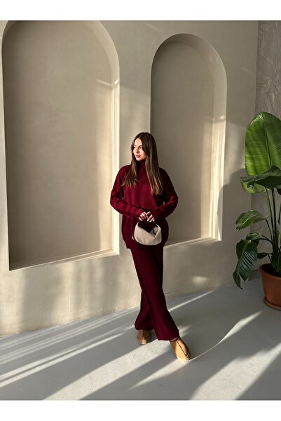 Laluvia Burgundy Ribbed Turtleneck Knitwear Set - 4671