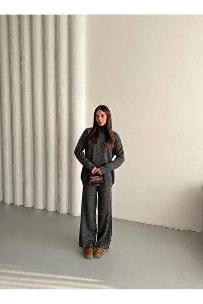 Laluvia Anthracite Ribbed Turtleneck Knitwear Set - 4671