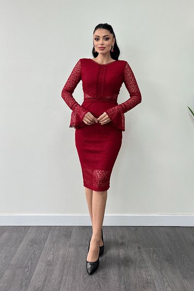 giyimmasalı Red Flounce Pencil Dress - Full Lace Fabric