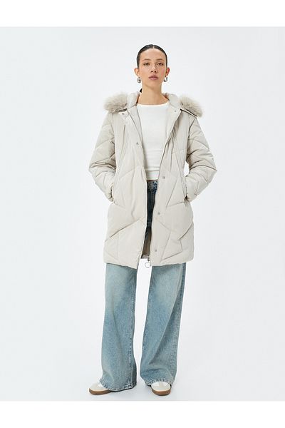 Koton Long Quilted Coat with Hood - Faux Fur Pocket