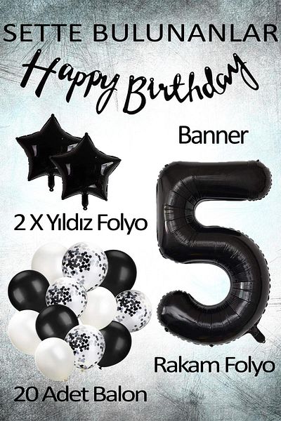 Ezgi Party Store Μαύρο Concept Celebration Σετ για γενέθλια 5 ετών - Λευκό μαύρο μπαλόνι με καραμέλα, φύλλο αστεριών αριθμών και μπάν