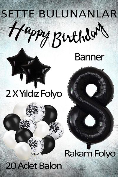 Ezgi Party Store Black Concept 8 Years Old Birthday Celebration Set; White Black Confet Balloon, Number Star Foil and Bann