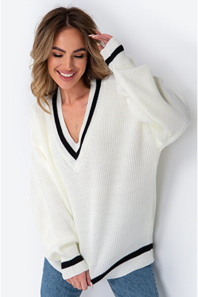 GND Pulover de damă cu decolteu în V, cu detalii în dungi, confortabil, din tricotaj Selenik