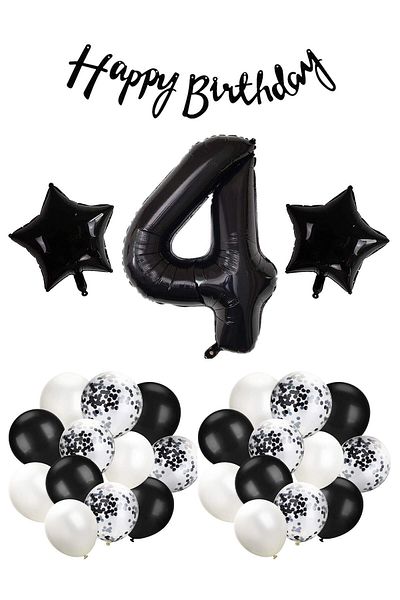Ezgi Party Store Black Concept Celebration Set για γενέθλια 4 ετών - Λευκό μαύρο μπαλόνι, αλουμινόχαρτο αστεριών αριθμών και μπανάνα