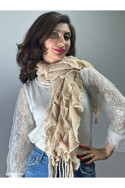 Gönülden Tasarım Women's Soft Knitwear Ruffle Shawl - 130X25 cm Cream