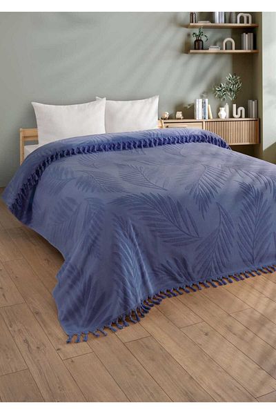Sevim Indigo Double Fringed Bedspread - 100% Cotton & Soft & Fringed Pique - 220X240 cm