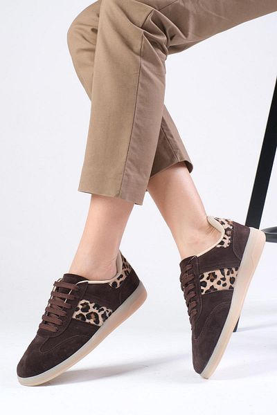 Mio Gusto Nicole Genuine Suede Leopard Garnished Brown Women's Casual Sneakers