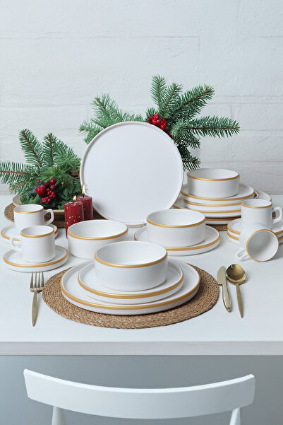 Keramika Mat Beyaz Gold Fileli Stackable Yemek / Kahvaltı Takımı 20 Parça 4 K...