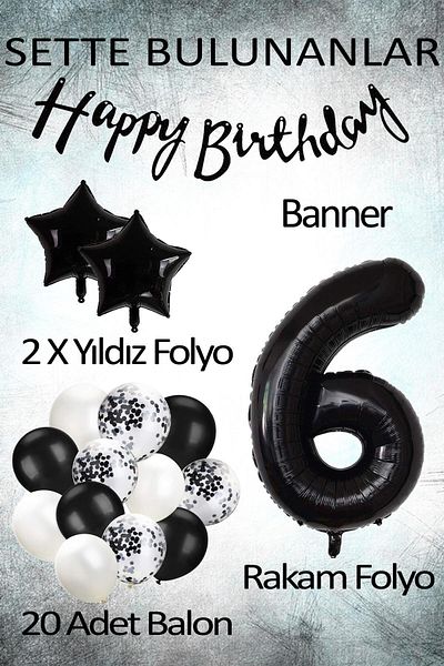 Ezgi Party Store Black Concept Celebration Set for 6 Years Old Birthday - White Black Confet Balloon with Figures Star Foil and Bann