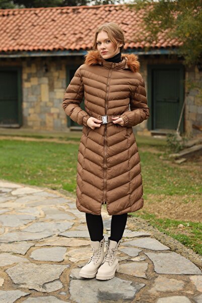 Rays معطف تابا شيرلينغ بغطاء رأس طويل قابل للنفخ للنساء 3409