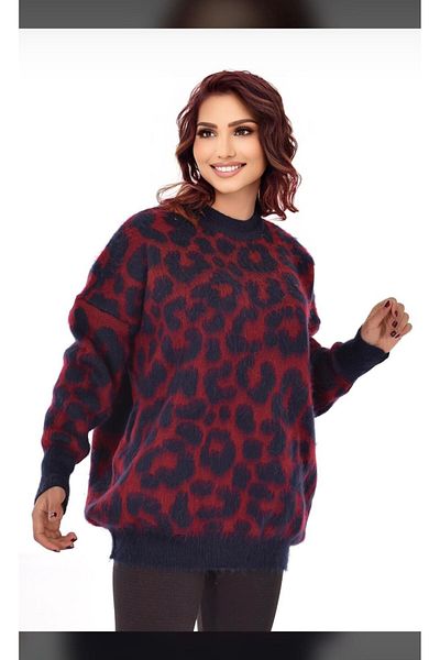 ribana Pulover cu gât crew cu model leopard, tricotaje cu barbă moale Pulover hijab