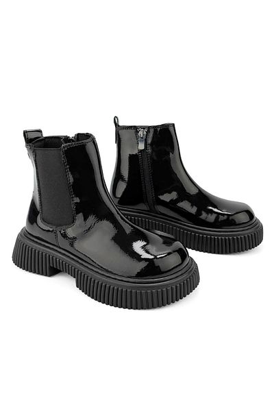 Cici Bebe Ayakkabı Chelsea Girl's Black Patent Leather High Sole Elastic Zippered Boots