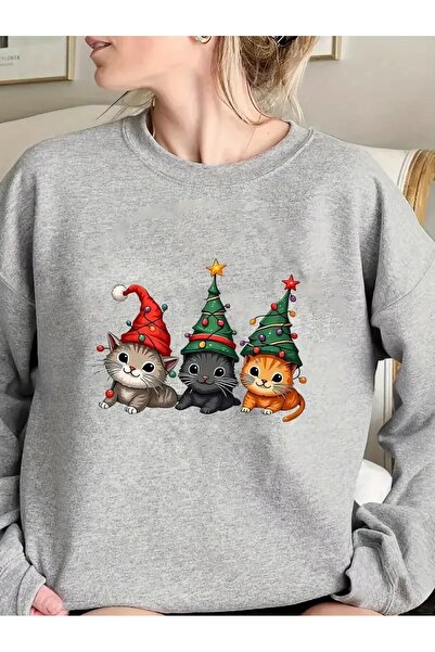 WOODROFFE سويت شيرت نسائي أسود كبير الحجم مطبوع عليه قطة للعام الجديد