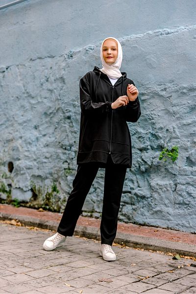 SELF CONTROL Γυναικεία Φούτερ Hijab Σετ Kangaroo Pocket Μαύρο Σετ