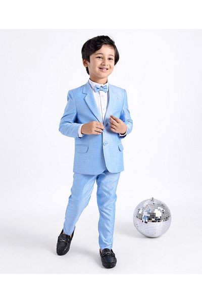 Babyhug Full Sleeves 3 Piece Stretch Party Suit with Bow - Light Blue
