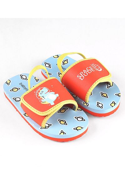Babyoye Dino Print Flip Flops with Back Strap - Blue & Red