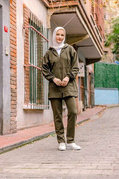 SELF CONTROL Γυναικείο Σετ Φούτερ Hijab Σετ Καγκουρό Τσέπη Χακί
